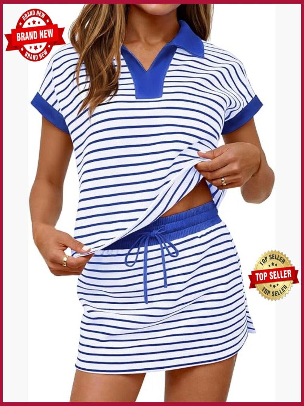 Striped 2 Piece Skort Lounge Set Short Sleeve V Neck Tops Skirts Summer
